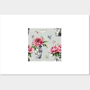 Peonies in chinoiserie jars on duck egg background Posters and Art